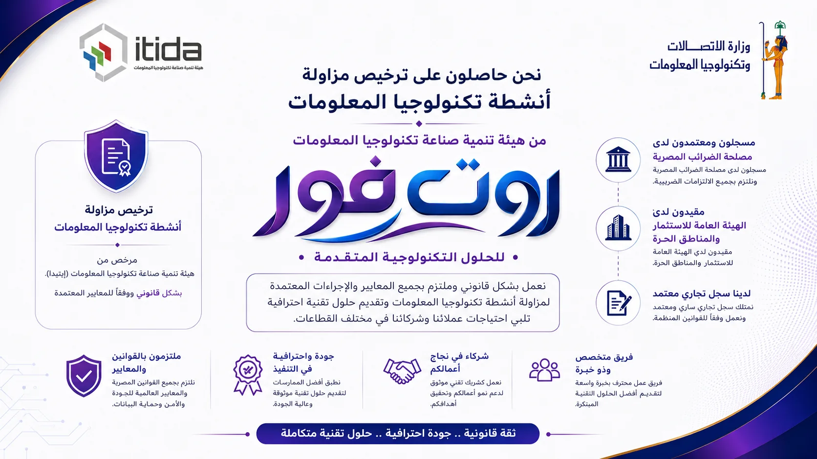 ملخص تراخيص وتسجيلات وامتثال شركة ROT4 — مرخصة من إيتيدا ومسجلة لدى مصلحة الضرائب والهيئة العامة للاستثمار والسجل التجاري