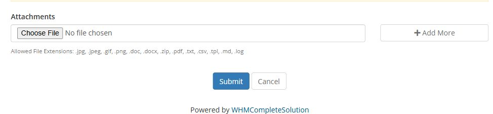 Attachments and Submit controls in the public WHMCS form.