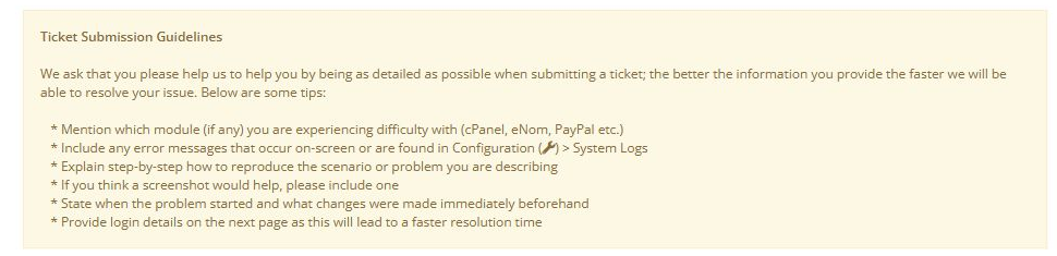 Public WHMCS ticket-submission guidelines.