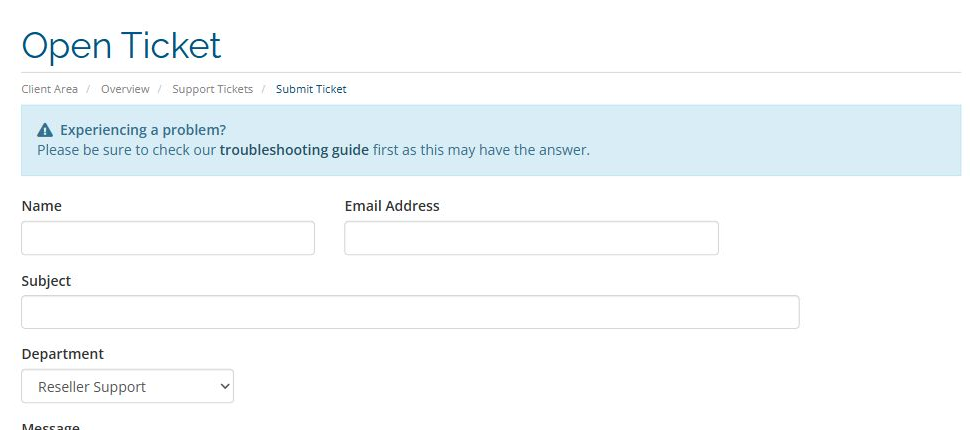 Public WHMCS ticket form showing name, email, subject, and department.