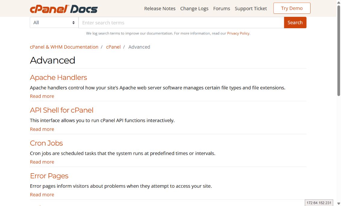 Official cPanel documentation category: Advanced