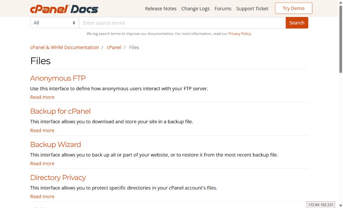 Official cPanel documentation category: Files, FTP, and backups