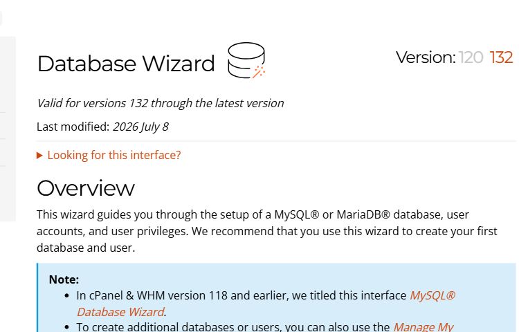 Database Wizard page in the official cPanel documentation