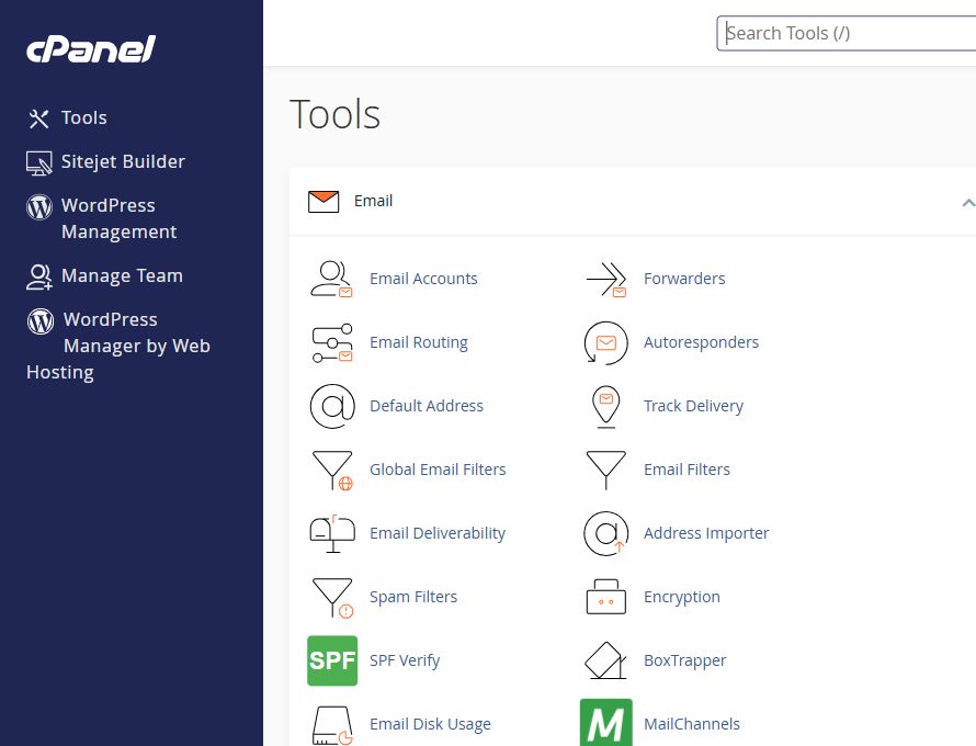 cPanel Tools dashboard with Email and hosting tools