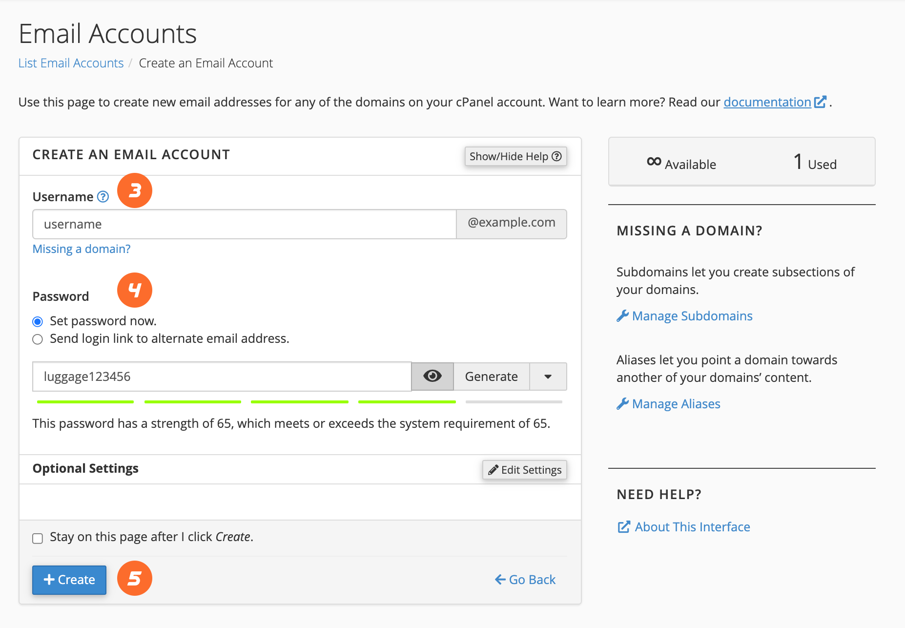 Official cPanel Create an Email Account form