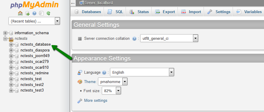اختيار قاعدة البيانات الهدف من phpMyAdmin.