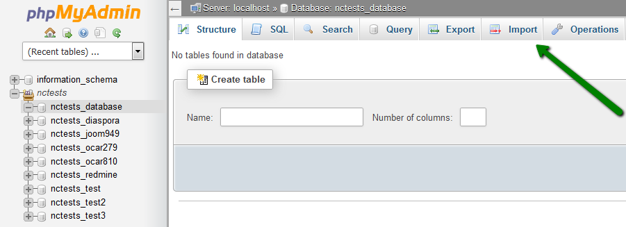تبويب Import داخل قاعدة محددة في phpMyAdmin.