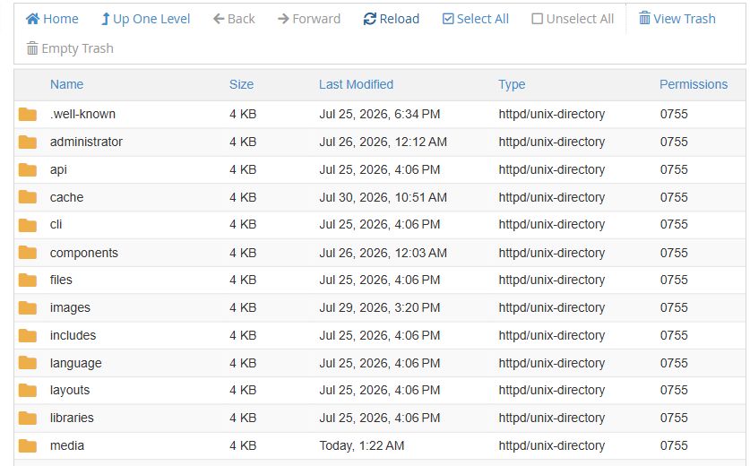 محتويات مجلد public_html داخل cPanel File Manager
