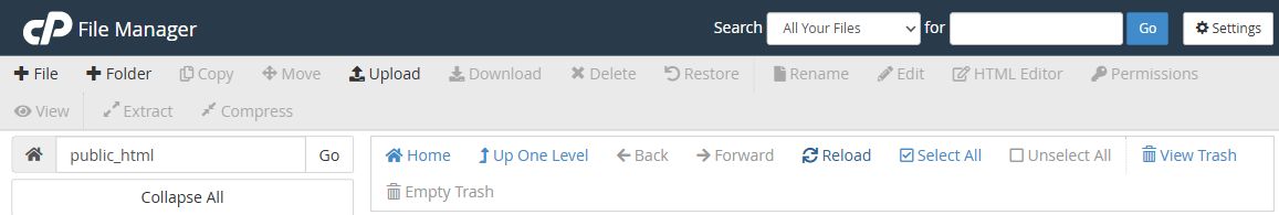 شريط أدوات File Manager في cPanel مع زر Upload ومسار public_html