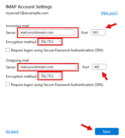 شاشة IMAP Account Settings في Outlook مع خادم الاستقبال والمنفذ 993 والتشفير SSL/TLS