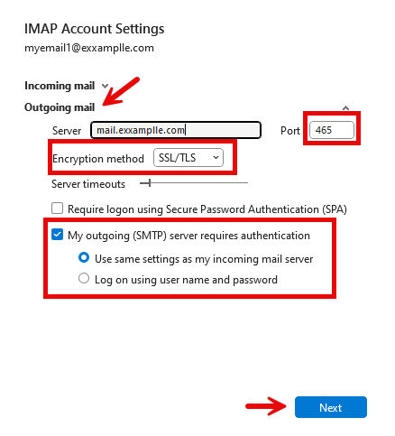شاشة Outgoing mail في Outlook مع SMTP 465 وSSL TLS والمصادقة