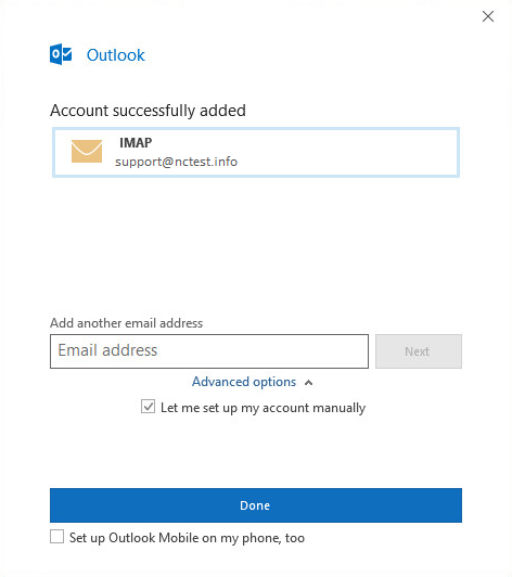 شاشة Outlook Account successfully added وزر Done