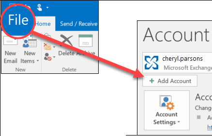 مسار File ثم Add Account في Outlook الكلاسيكي