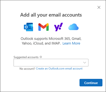 نافذة إضافة حساب بريد جديد في Outlook