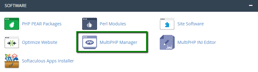MultiPHP Manager highlighted in the cPanel Software group.