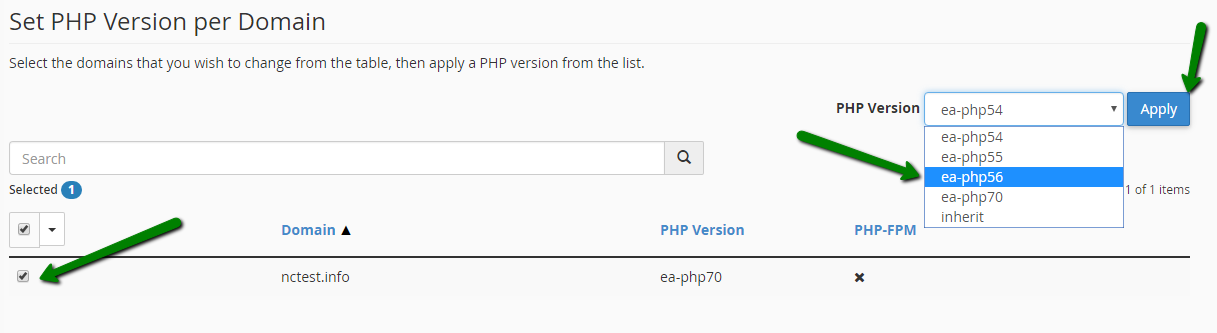 Selecting a domain and PHP version, then choosing Apply.