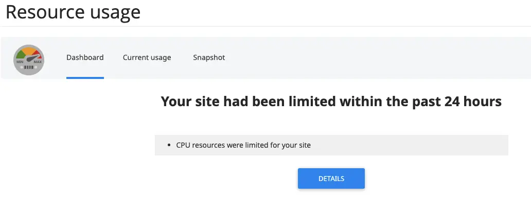 Dashboard توضح أن الموقع وصل إلى حد CPU خلال 24 ساعة.