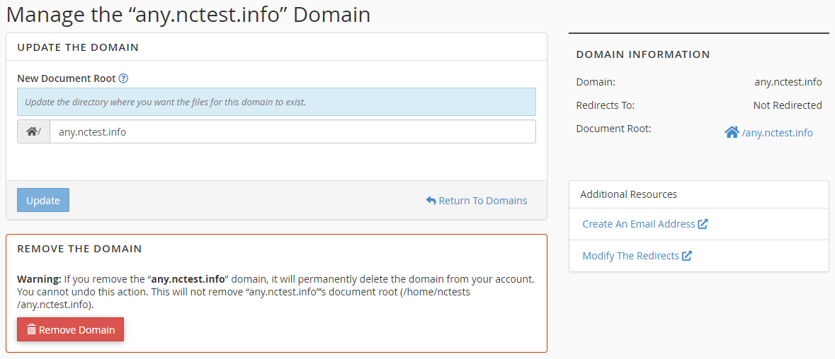 واجهة إدارة النطاق وظهور Document Root الخاص به.