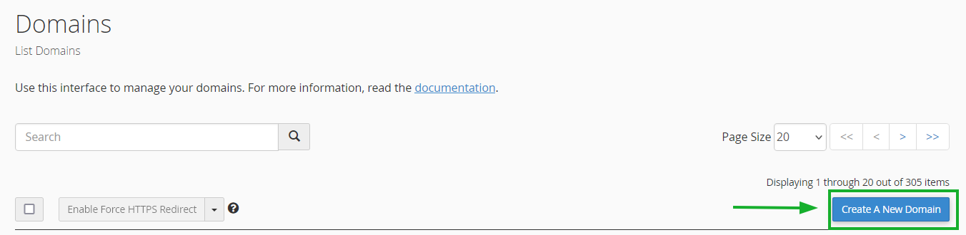 زر Create A New Domain في شاشة Domains.