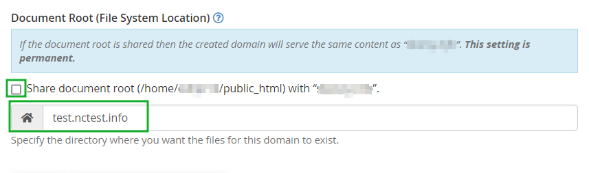 إلغاء Share document root وتحديد مجلد مستقل للنطاق الفرعي.