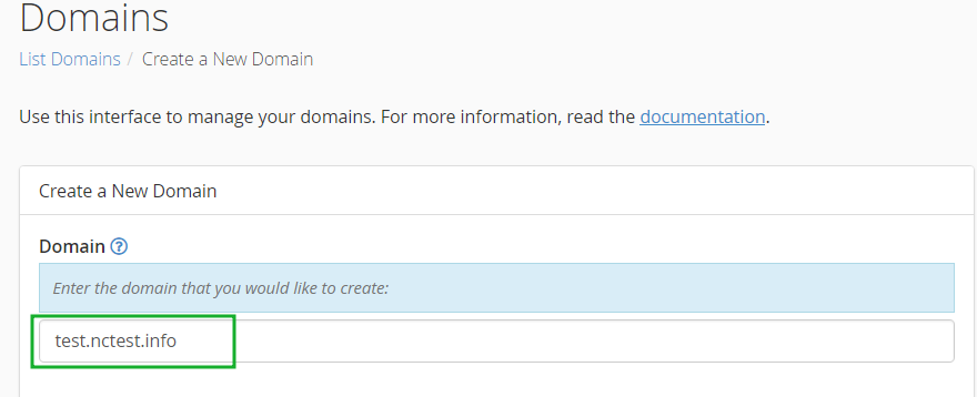 حقل Domain وفيه مثال لنطاق فرعي كامل.